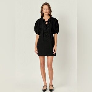 ❤️‍🔥Firm Price❤️‍🔥 English Factory LACED UP PUFFED SLEEVE MINI DRESS